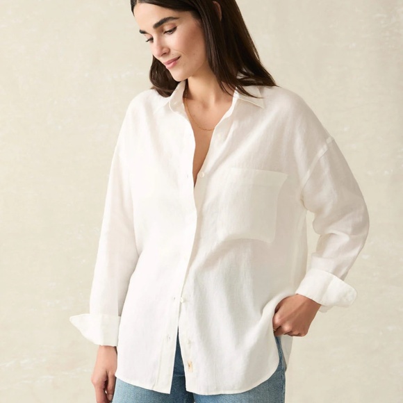 Faherty Tops - Faherty Laguna Premium Linen Relaxed White Shirt Chest Pocket Blouse, Size L